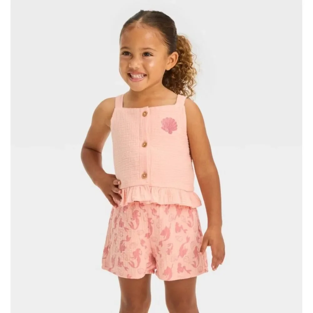 NEW Girls Sz 5 Toddler Ruffled Top & Pull On Shorts 2 Pc Gauze ARIEL Outfit Set